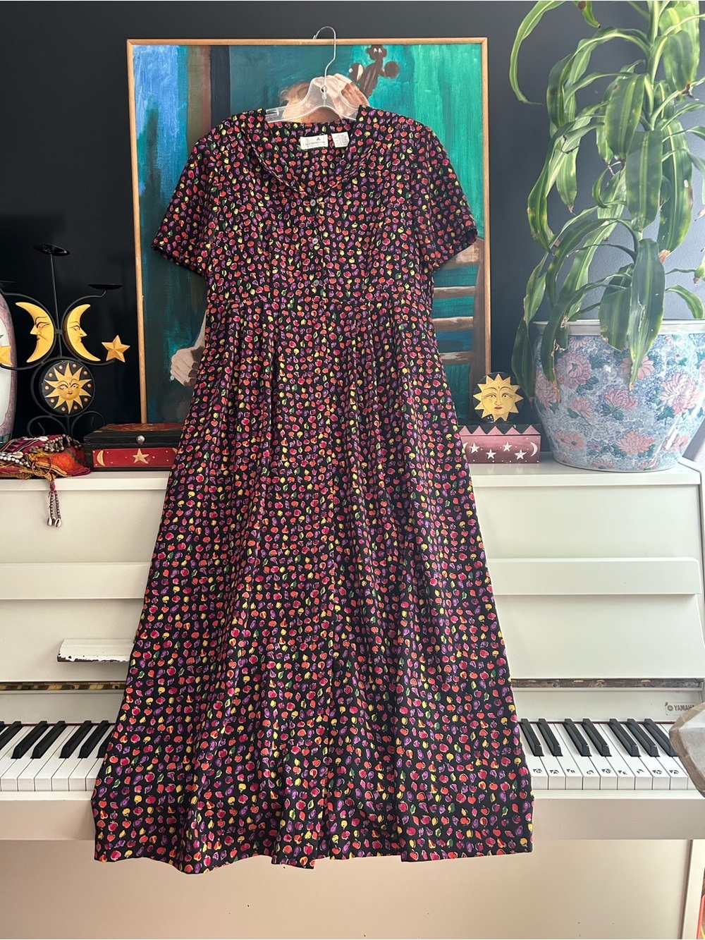 Vintage Liz Claiborne Fruit Print Maxi Dress Size 10 Black Button Front